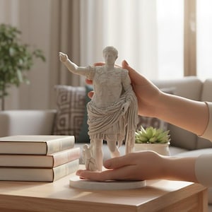 May include: A detailed, light-colored statue of a Roman emperor, with a draped toga and arm raised in a gesture. The statue is on a round base, and is held by a person. The statue is on a wooden table with books.