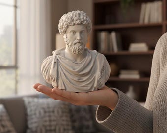May include: A light gray bust of Marcus Aurelius, a Roman emperor and philosopher, with a curly hairstyle and a beard. The bust is held in a person's hand, with a blurred background of a living room.