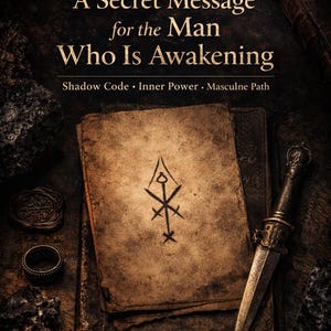 Puede incluir: Portada de libro con el título "A Secret Message for the Man Who Is Awakening". Presenta papel envejecido, una daga y un símbolo. El texto incluye "Shadow Code, Inner Power, Masculine Path" y "PDF DIGITAL DOWNLOAD."