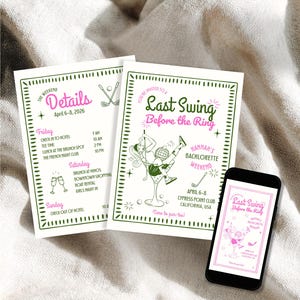 May include: Two invitation cards and a smartphone display a "Last Swing Before the Ring" bachelorette party theme. The cards have a green and pink color scheme with event details and golf-themed illustrations. The smartphone shows the same design.