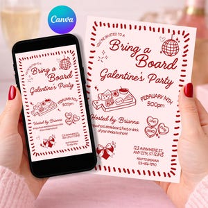 Peut inclure: Invitation rose pour une soirée Galentine's avec le texte « Bring a Board » et une illustration de boule disco. L'invitation est sur un smartphone et une carte imprimée. La date est le 14 février, 17h00.