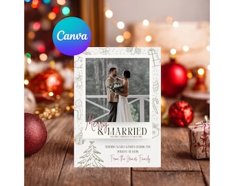 May include: A Christmas card with a photo of a couple embracing, framed with festive doodles. The card reads "Merry & Married" with holiday wishes. The background features Christmas ornaments and bokeh lights.