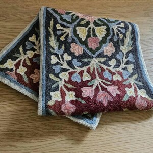 Vintage Kashmiri Chain Stitch Wool Runner 44x11 Floral Crewel Embroidery Wall Hanging Cottage Decor Handmade India