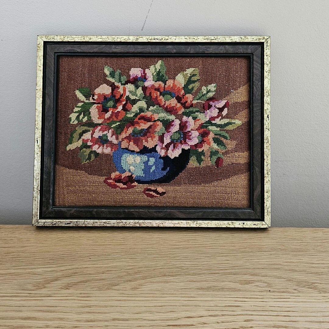 Vintage Floral Needlepoint Framed Art Small Tapestry Wall Decor Cottage ...