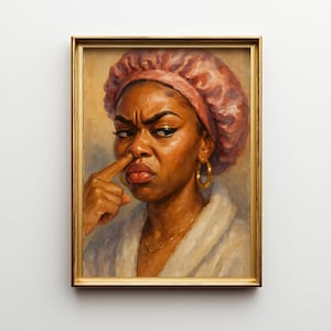 May include: A framed portrait of a woman wearing a pink bonnet and gold hoop earrings, touching her nose with a finger. The painting has a gold frame and is set against a white background. The woman has a serious expression.
