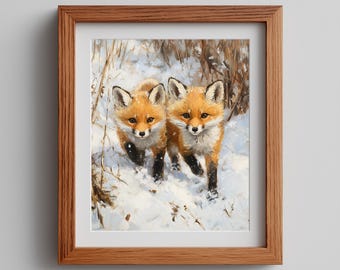 Zorros nevados en invierno: arte pictórico de vida silvestre, acogedora escena de bosque, decoración rústica invernal, adorable animal imprimible, descarga digital 4