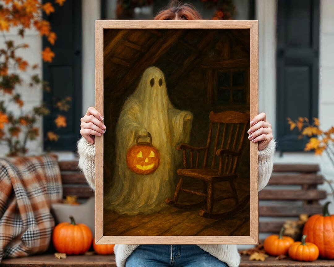 Vintage Halloween Ghost With Jack-o'-lantern Print - Spooky Cozy Wall ...