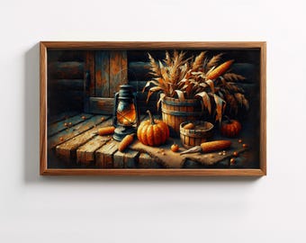 Arte rustica per la TV con raccolto autunnale, accogliente natura morta con zucca per TV a cornice, decorazioni autunnali vintage, download digitale, calda decorazione murale rustica 2
