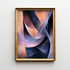 May include: Abstract art print in a gold frame. The artwork features flowing, overlapping shapes in shades of navy, lavender, and peach. The composition creates a sense of movement and depth, with a textured appearance.
