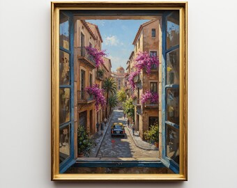 Pode incluir: Pintura emoldurada que retrata uma cena de rua europeia vista através de uma janela aberta. A obra de arte apresenta uma rua de paralelepípedos ladeada por edifícios adornados com flores cor-de-rosa. Um carro preto está estacionado na rua e as pessoas estão a andar.