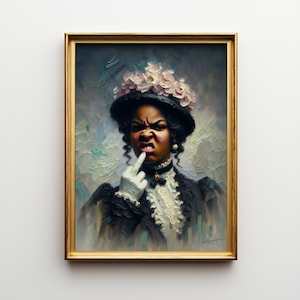 May include: A framed oil painting of a woman in a black hat adorned with pink flowers, wearing a black dress with white lace and gloves. The woman has a stern expression, pointing a finger to her lips.