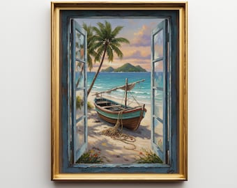 Landscape Orientation Wall Art - Tropical Coastal Window View Seascape, Printable Beachy Decor Download