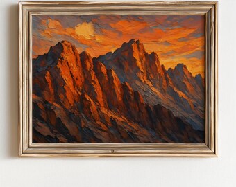 Moody Mountain Sunset Printable - Dramatic Rustic Landscape Art, Still Life Painting with Fiery Skies, Textured Wall Decor Digital