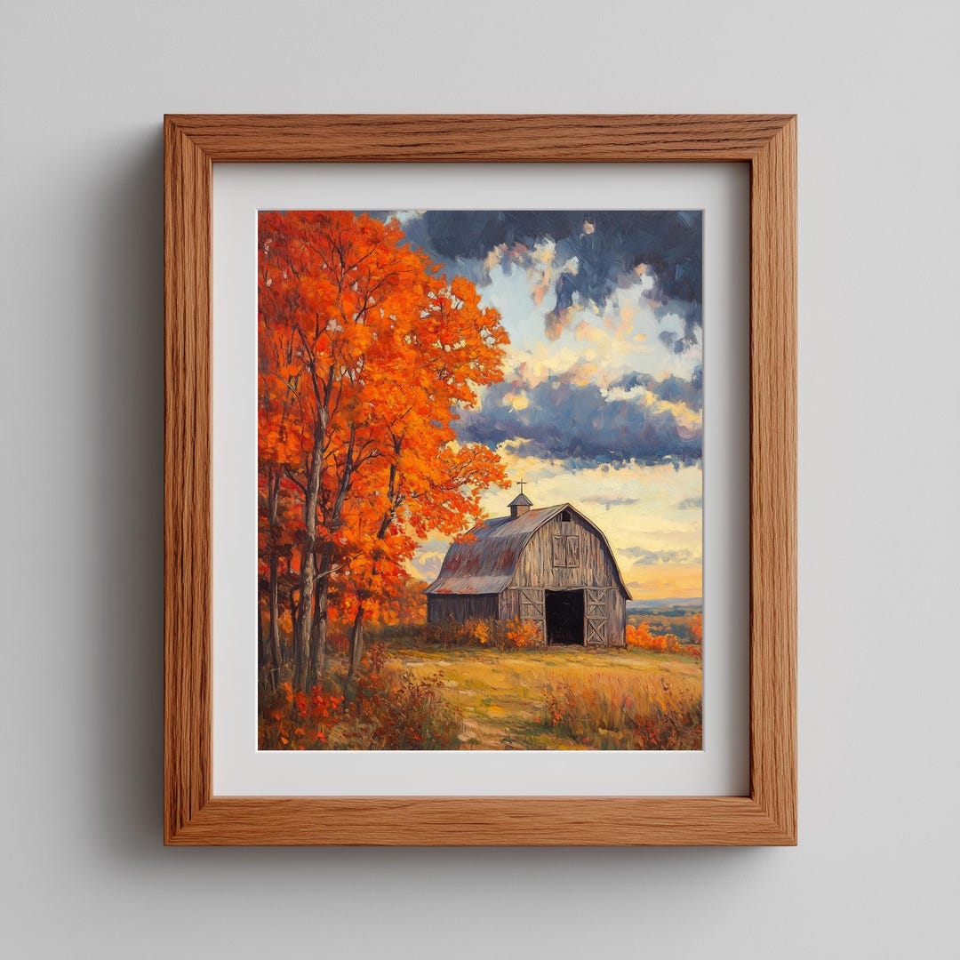 Rustic Barn in Autumn Field - Printable Fall Landscape Art, Cozy ...