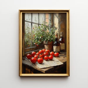 May include: A framed painting depicts a still life with a window view. A cluster of ripe red tomatoes rests on a newspaper on a wooden table. Two bottles of wine and a potted plant are also on the table. The painting has a warm, inviting color palette.