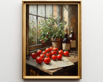 Può includere: Dipinto incorniciato raffigurante una natura morta con vista finestra. Un gruppo di pomodori rossi maturi è appoggiato su un giornale su un tavolo di legno. Sono presenti anche due bottiglie di vino e una pianta in vaso. Tavolozza di colori caldi.