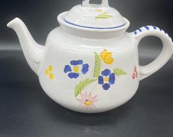 Vintage Pirenzo Italian Ceramic Teapot with Hand-Painted Floral Design and Blue Striped Accents