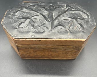 Antique Arts & Crafts Movement Wooden Box with Embossed Pewter Lid
