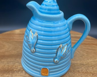 Vintage Blue Ceramic Beehive-Shaped Honey Pot with Gold Accents