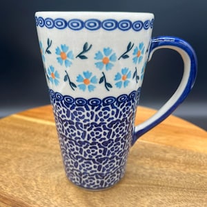 Hand-Painted Blue Rose Polish Pottery "Spring Beauty" Large Mug, Boleslawiec
