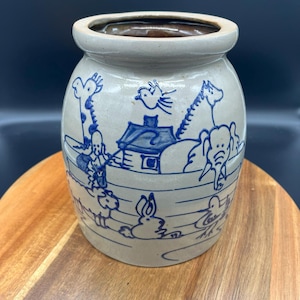 Beaumont Brothers Pottery Stoneware Crock with Blue Slip-Trailed Folk Art Decor - Noah's Ark