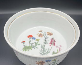 Vintage Louis Lourioux "Wild Flower" Porcelain Souffle Dish, 8"