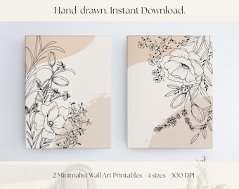 2 Minimalist Wall Art Printables, Floral Wall Decor, Minimalist Flower Wall Prints, (Digital Download)