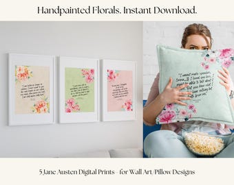 5 Jane Austen Digital Prints For Wall Art or Pillow Designs, Jane Austen Gift, Watercolor Decor, (Digital Download)