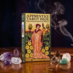 May include: A tarot deck box with the title "Apprentice Tarot Deck featuring Universal Waite" is displayed. The box features an illustration of a person in a robe holding a bird. Various crystals, including amethyst and quartz, are scattered around the box.