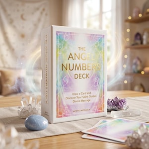 Puede incluir: Una caja blanca para "The Angel Numbers Deck" con letras doradas y un fondo colorido. La caja incluye el texto "Draw a Card and Discover Your Spirit Guides' Divine Message". También se ven cristales y cartas.