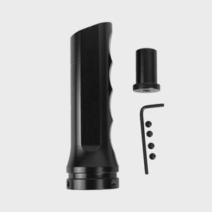 Può includere: Maniglia in metallo nero con un design curvo, un pezzo cilindrico e una chiave a brugola. La maniglia ha un'impugnatura strutturata e una base arrotondata. I componenti sono visualizzati su uno sfondo grigio chiaro.