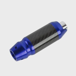May include: A blue and black cylindrical object with a carbon fiber center section and metallic silver end. The object has a tapered design with a smooth, glossy finish. The blue sections have a metallic sheen.