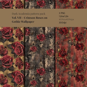 Naadloze roospatroonpakket – donker Academia-gotisch behang – vintage rode rozen en gouden textuur – ambachtelijke achtergrond afdrukbare plakboek, png PNGEgg