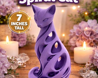 3D Printed Spiral Cat Sculpture, Purple, Modern Desk Decor, Lightweight PLA (7 Inches Tall)