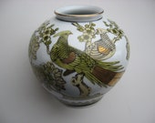 Vintage Gold Imari Vase Hand Painted Peacocks Cherry Blossoms Soft Colors Yellow Green Gold Asian Japan Oriental Collectible Free Shipping