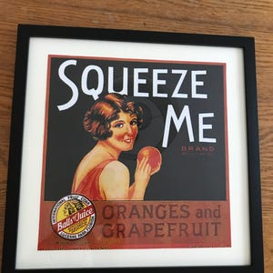 Vintage Florida Citrus Crate Label Print/Framed/Squeeze Me Brand Label/Retro Tropical Decor/Old Florida Collectible
