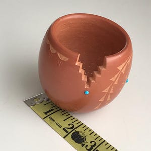San Ildefonso Pueblo Red Ware Incised w/Turquoise Tiny Pot 2.5" Elizabeth Lovato/Collectible Native American Pottery/New Mexico Southwest