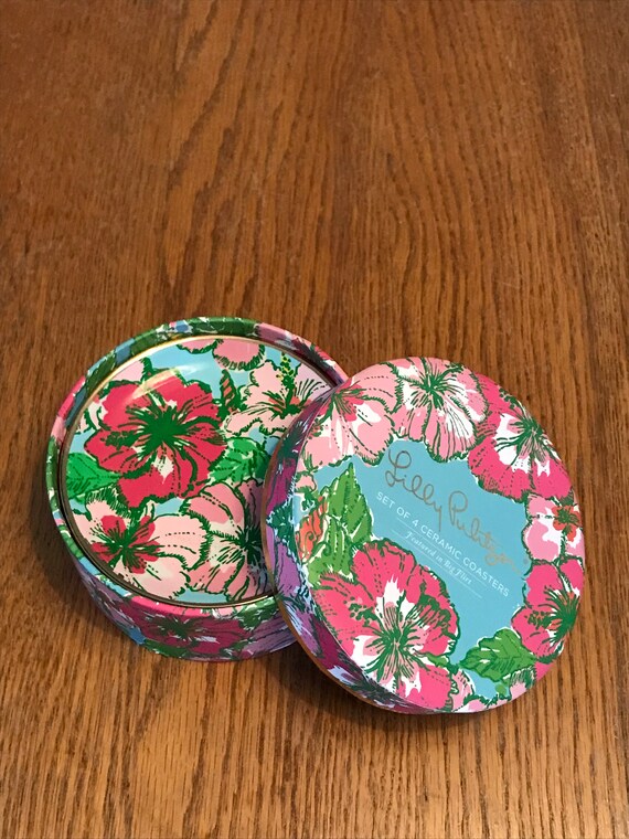 lilly pulitzer set of 4 Ceramic Coasters Featured in Big Flirt Pink Blue Floral 