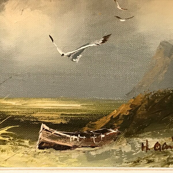 Vintage Signed Original Oil Painting Artist Signed/Beach Scene/Seascape/Boat & Gulls/Framed Oil on Board 8X10//Collectible/Free Shipping