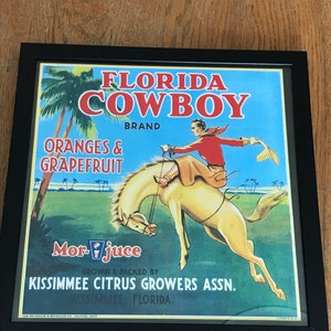 Vintage Florida Citrus Crate Label Print/Framed/Florida Cowboy Kissimmee Label/Retro Tropical Decor/Old Florida Collectible