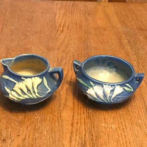 Rare Vintage 1940s Roseville Pottery Creamer & Sugar Bowl/ Delft Blue Freesia Pattern 6S and 6T /Collectible Art Pottery