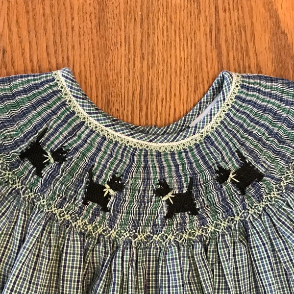 Sweet Remember Nguyen Girls Smocked Bishop Dress Sz 4/Embroidered Scotty Dogs Blue & Green Check Fabric/Easter Party School Dress/Free Ship