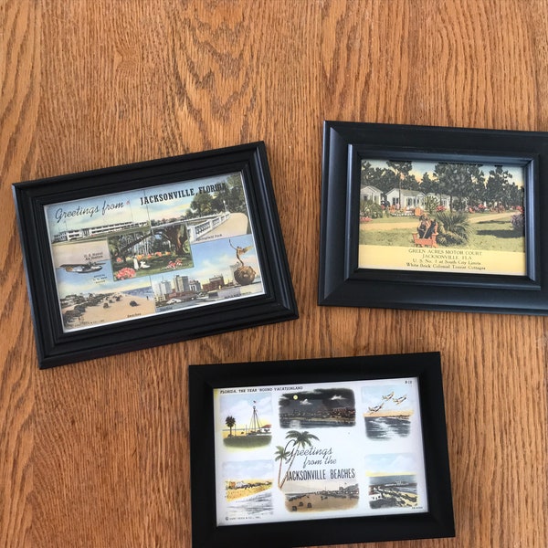 3 Vintage Jacksonville Florida Post Card Images Framed/Souvenir Old Florida Collectible Memorabilia/ Beach HouseTropical Decor/Free Shipping