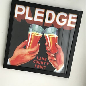 Vintage Florida Orange Crate Label Print/13X13&quot; Framed/&quot;PLEDGE LAKE COUNTY Fruit&quot;/Retro Tropical Decor/Old Florida Collectible