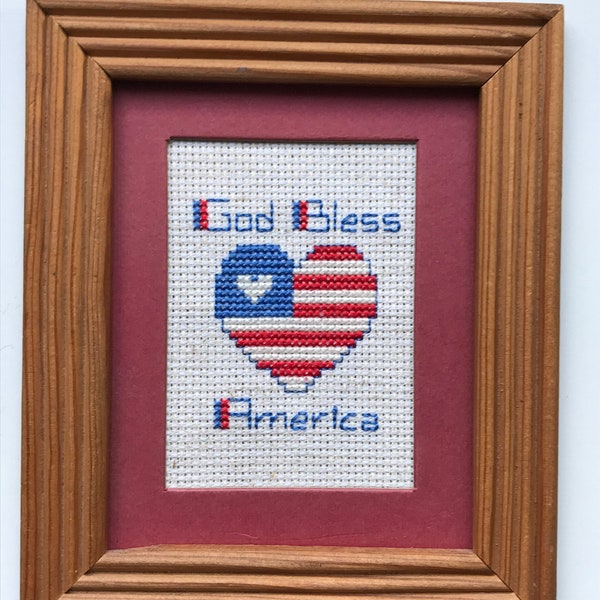 SALE Patriotic Cross Stitch Completed Framed Hand Made/"God Bless America"/Red White & Blue/Americana Wall Art/Collectible USA/Free Shipping