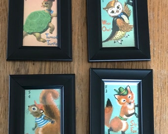 4 Sweet Vintage 1950s/60s Framed Animal Prints/4X5"/Anthropomorphic Animals/Retro Childrens Playing Cards/Nursery Art/Kitschy Fun/Free Ship