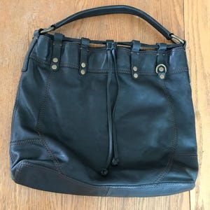 Sale LUCKY Brand Large Black Studded Leather Bag//Drawstring Closure//Carry All Slouch Tote Purse Bag//Hippie Boho Vintage 70s Style