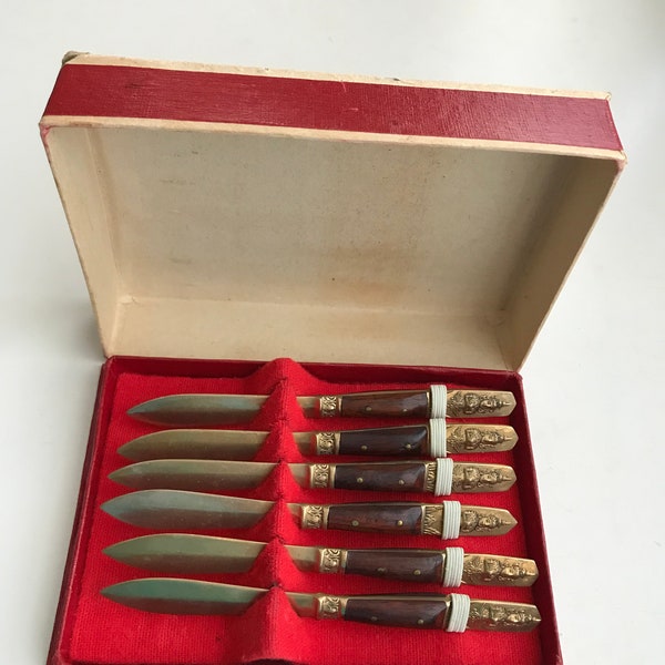 SALE Vintage Mid Century Cocktail Hors D' Oeuvres Canape Knives/Servers//THAILAND SIAM/Brass & Wood/Orig Box/Vintage BarWare//Free Shipping