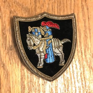 Vintage Pin Back Embroidered Patch Pin/ Knight in Armor on Shield/ Gold Bullion Embroidery