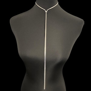 May include: A silver-colored necklace with a long, vertical chain pendant. The necklace is displayed on a black mannequin, showcasing its delicate design and elegant simplicity. The chain is thin and appears to be made of small, interconnected links.